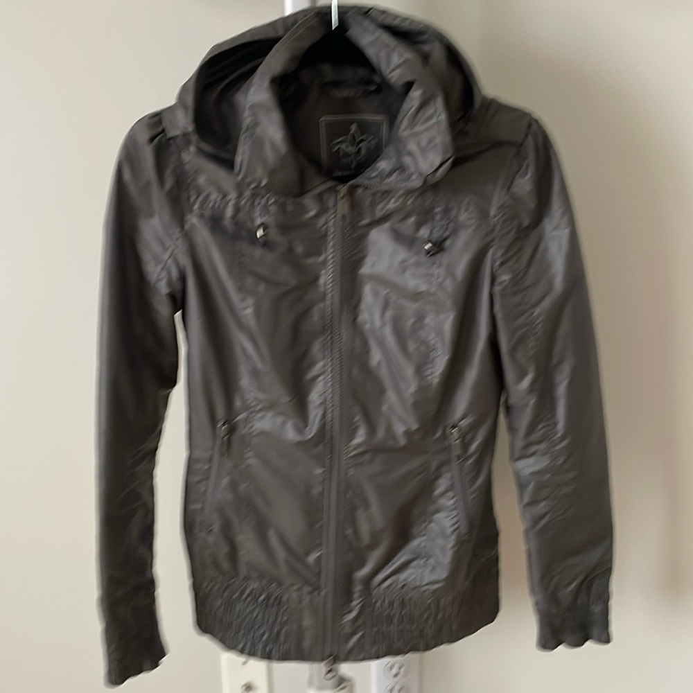 Mackage khaki green hooded rain jacket, size XS